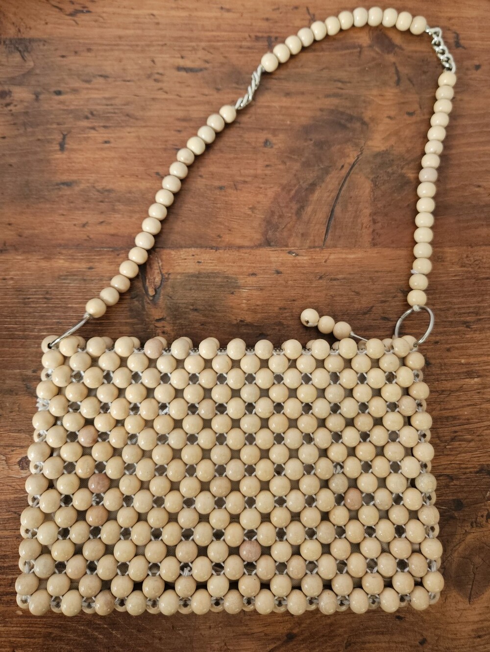 Vintage Wooden Bead Purse Made In Japan Light Wood Evening Bag